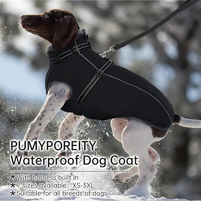 PUMYPOREITY Snow Jacket for Large Dogs Waterproof, Warm Dog Winter Coat with Harness Built in, Fleece Jacket with Back Zipper, Cold Weather Coats for Outdoor, Windproof Pet Snowsuit, Black, 3XL