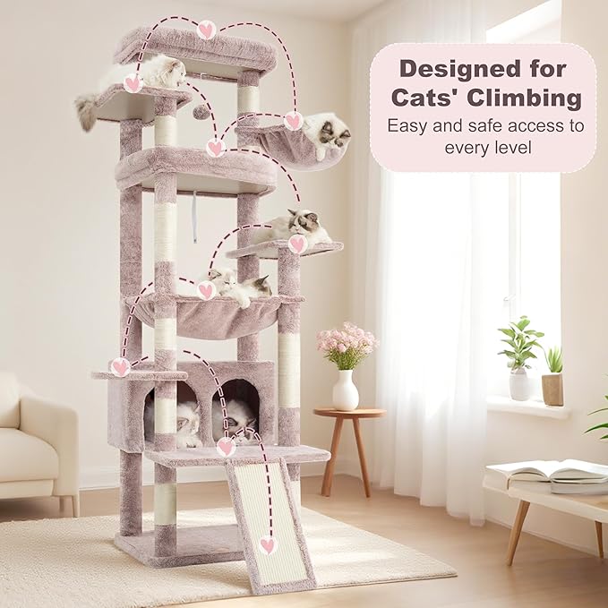 Heybly Tall Cat Tree for Large Cat, 80-inch Multi-Level Cat Tower for Indoor Cats with Large Baseboard, Condo Furniture with 2 Widened Plush Perches,Scratching Board and Big Caves, Muchroom HCT038MU