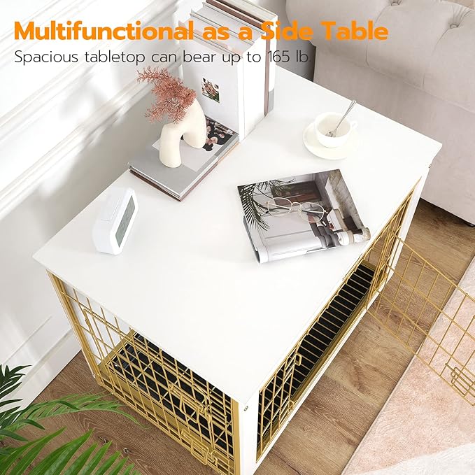 HOOBRO Dog Crate Furniture, 38.6" Large Dog Kennel Indoor, Wooden Cage with Pull-Out Tray, Double Doors Pet House Side End Table for Large/Medium/Small Dogs, White DW982GW03