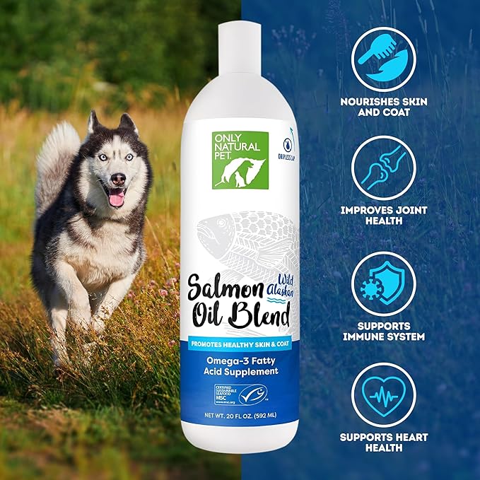 Only Natural Pet Wild Alaskan Salmon Oil for Dogs & Cats - Omega 3 & 6 Liquid Food Supplement for Pets - EPA & DHA Fish Oils, All Natural Joint Support, Promote Healthy Skin, Coat & Heart - 20 Fl Oz