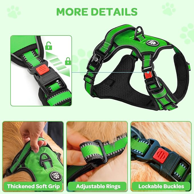 FURRYFECTION Dog Harness | No Pull Dog Harness | Reflective Oxford | Padded Handle | 4 Adjustable Straps | 2 Leash Clips | No Choke Pet Vest Harness for Small Medium Large Dogs | Green | XL
