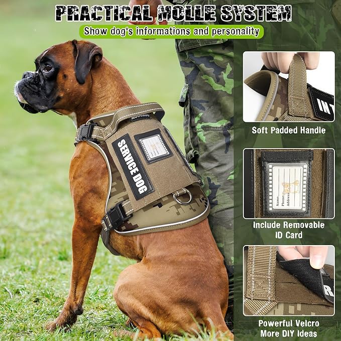 Tactical Dog Harness and Leash Set for Large Dogs,Heavy Duty No Pull Service Dog Vest and 10 Patches with Dog Seat Belt,Reflective Adjustable Pet Harness for Training Walking Hiking Camo XL