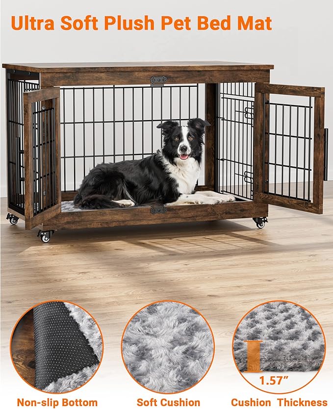 Dog Crate Furniture with Cushion, Large Wooden Dog Kennel Indoor with Double Doors, Dog Cage with Wheels, Dog House Side End Table for Large Medium Dogs up to 70 lb, 38.5” L, Rustic Brown