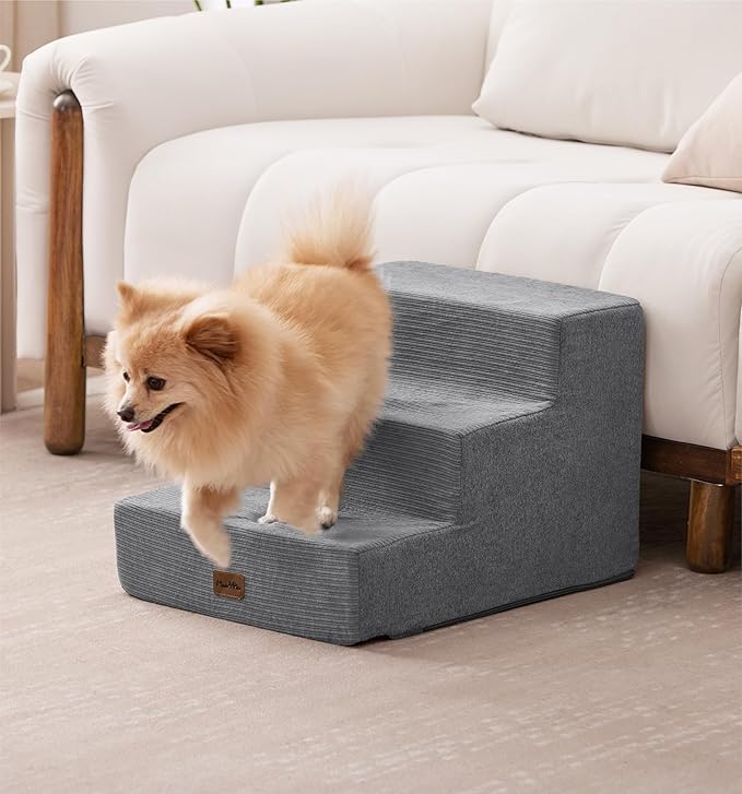 Made4Pets Dog Stairs for Small Dogs, Extra Wide Dog Steps for Bed Couch Sofa and Chair, 35D Foam Pet Steps for Small Dogs and Cats(Up to 40lbs), Non-Slip Bottom Pet Stairs, Grey, 3 Steps