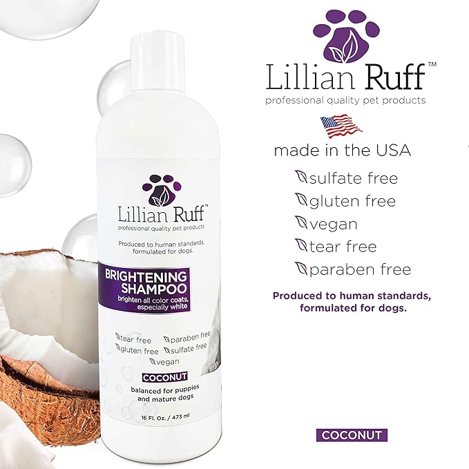 Lillian Ruff PRO Formula Ultra Brightening Dog Shampoo - Professional Whitening & Long-Lasting Odor Eliminator - Removes Stains & Discoloration, Dry Skin & Itch Relief with Aloe & Provitamin B5 (16oz)