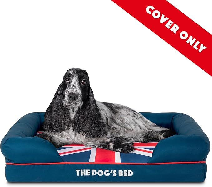 Replacement Outer Cover for The Dog's Bed Orthopedic Memory Foam Dog Bed. Washable Oxford Fabric, Medium (Blue with Red Piping UK Flag Embroidery & Centre Flag)