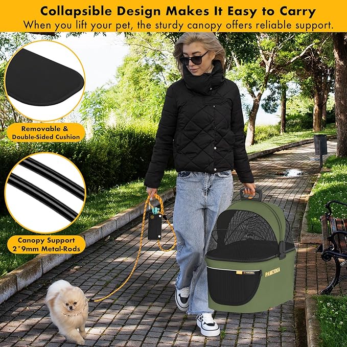 PAWZIDEA Double Pet Stroller with 2 Detachable Carriers, Portable Dog Crate for Car Travel & TSA-Approved Expandable Cat Carrier, Foldable Lightweight Jogger Stroller for 2–4 Cats or Small/Medium Dogs