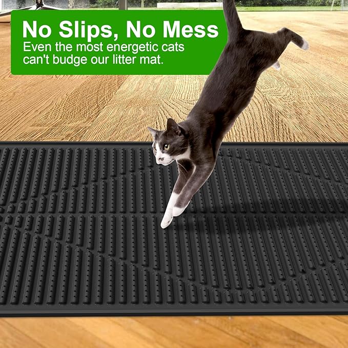 Gosmol Cat Litter Mat, 24"x15" Waterproof & Urine-Proof Silicone Trapping Mat with Deep Grooves, Easy Clean Non-Slip Rubber Cat Mat for All Litter Boxes (Hooded/Self-Cleaning) & Floors, Black