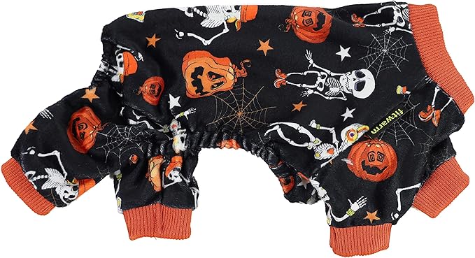 Fitwarm Halloween Skeleton Dog Costume Lightweight Velvet Pajamas Pet Clothes Doggie PJS Puppy Onesie Doggy Outfits Cat Jumpsuits Black XS