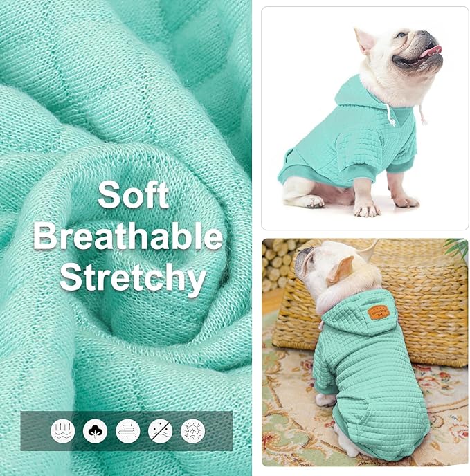 BEAUTYZOO Small Dog Hoodie Sweater with Pockets, Dog Clothes for Small Medium Dogs Boy Girl, Waffle-Like Laminated Cotton Pet Coats with Hat and Leash Hole, Mint Green ML
