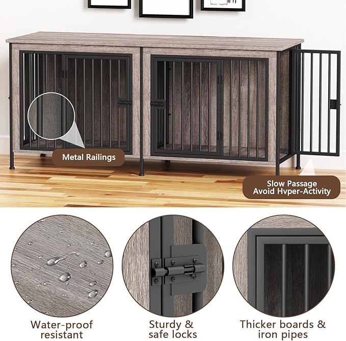 EasyCom Dog Crate Furniture for 1 or 2 Dogs, Heavy Duty Single/Double Dog Crates for Small/Medium/Large Dogs, Dog Kennel Furniture Indoor as TV Stand, Large Size 78.74" L(35-60 Pounds), Oak Grey