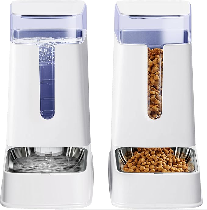 Cat Food Dispenser and Cat Water Dispenser Set with Stainless Steel Bowls Gravity Dog Feeder for Small Medium Big Cat Dog Pet Puppy Kitten, 1 Gallon x 2