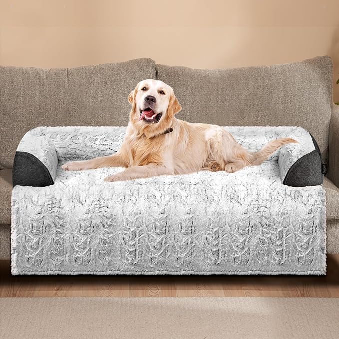 Calming Extra Large Dog Couch Bed, 45 x 37 inch Waterproof Memory Foam Dog Bed for Couch, Durable Fluffy Fuzzy Dog Bed Mats with Washable Removable Cover Protector for Sofa, Bedside - Grey