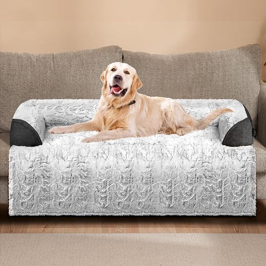 Calming Extra Large Dog Couch Bed, 45 x 37 inch Waterproof Memory Foam Dog Bed for Couch, Durable Fluffy Fuzzy Dog Bed Mats with Washable Removable Cover Protector for Sofa, Bedside - Grey
