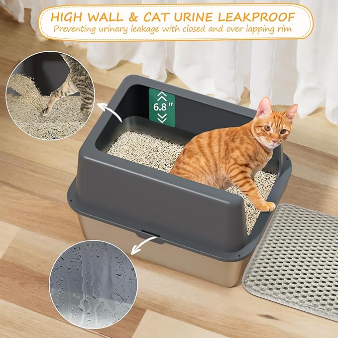 Stainless Steel Cat Litter Box, Covered Metal Litter Tray, Cat Litter Pans with High Sides, Kitty Litter Box for Small and Medium Cats (Non Sticky, Anti-Urine Leakage) 17.5" L x 13.5" W x 6" H