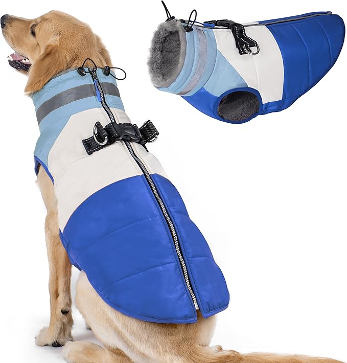 azuza Dog Jacket for Medium Dogs Waterproof Dog Coat with Reflective Strips and Harness Built in Warm Fleece Dogs Winter Coat Windproof with Back Zipper, Blue 2XL