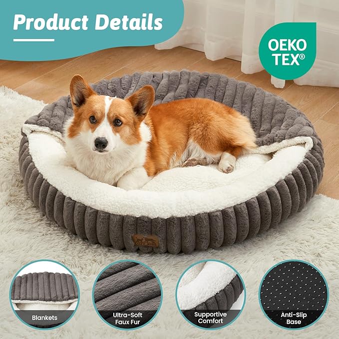 Dog Bed with Hooded Blanket, Round Fluffy Anti-Anxiety Pet Bed for Medium Dogs & Large Dogs, Cozy Donut Cuddler with Machine Washable Faux Fur & Anti-Slip Bottom(35"×35"×7",Grey)