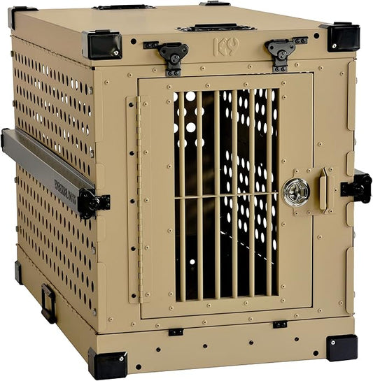 Heavy Duty Fully Collapsible Powder-Coated Aluminum Dog Crate - Medium-Long (Tan)