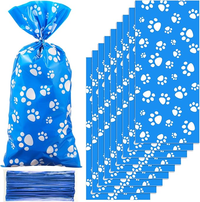 Blulu 100 Pieces Dog Treat Bags Puppy Party Favor Pet Paw Cone Cellophane Bags Candy Heat SealableDog Paw Gift with 100 Pieces Silver Twist Ties for Pet Cat Treat Party Favor(Blue and White)