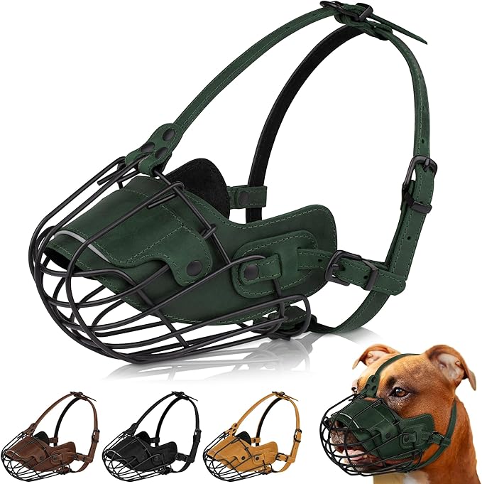 OOPSDOGGY Metal Pitbull Dog Muzzle Reflective Leather Mask Secure Wire Basket Muzzle for Large Sized Dogs Amstaff Soft Cage Muzzle to Prevent Biting Chewing with Adjustable Straps (Green, Pitbull)
