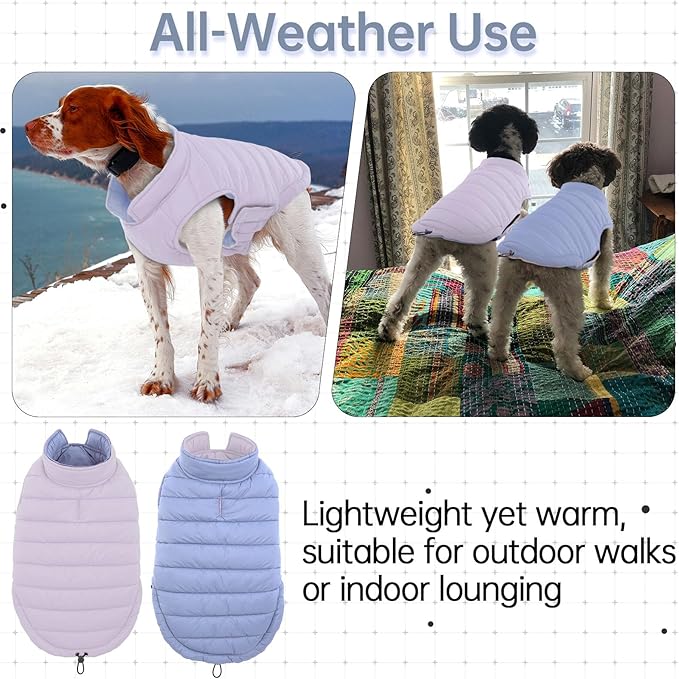 Lelepet Reversible Dog Coat Waterproof Dog Jacket Windproof Puffer Vest for Winter Warm Lightweight Coats for Small Dogs Adjustbale Hook & Loop Pet Apparel with Leash Hole, Shih Tzu, Purple, S