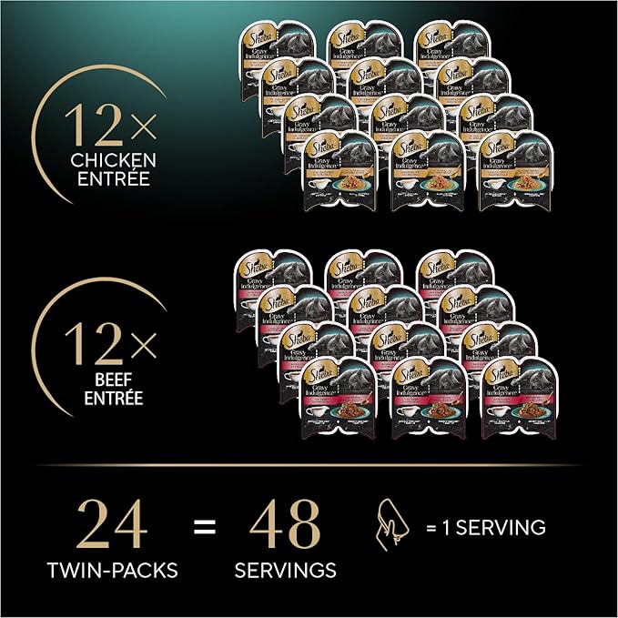 Sheba Gravy Indulgence Adult Wet Cat Food Beef Entree and Chicken Entree in Extra Gravy Variety Pack, 2.6 oz. Twin-Pack Trays (12 Count, 24 Servings) (Pack of 2)