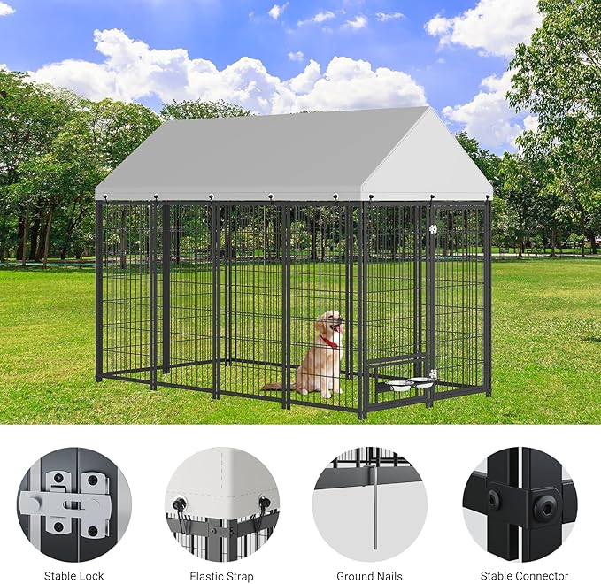Rovibek Outdoor Dog Kennel 7.9x4.1x5.9 Ft, Dog Kennels Outdoor with 2 Rotating Feeder Bowls, Heavy Duty Dog Kennels Outside, Outside Dog Kennel with Roof, Outside Kennel for Large Dogs