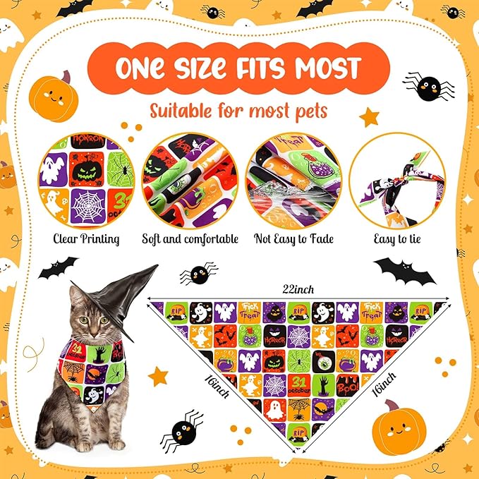 Geyoga 240 Pcs Halloween Dog Bandanas Bulk Thanksgiving Pet Bandanas Adjustable Fall Triangle Dog Grooming Scarf Bibs Kerchief for Small Medium Large Cats Pet Costume A(Halloween)
