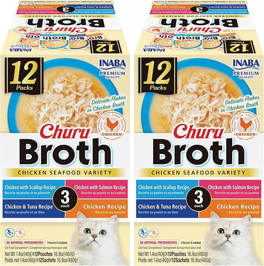 INABA Churu Broth for Cats, Creamy Broth with Shredded Chicken Side Dish Pouch, 1.4 Ounces per Pouch, 12 Pouches, Chicken & Seafood Variety (Pack of 2)