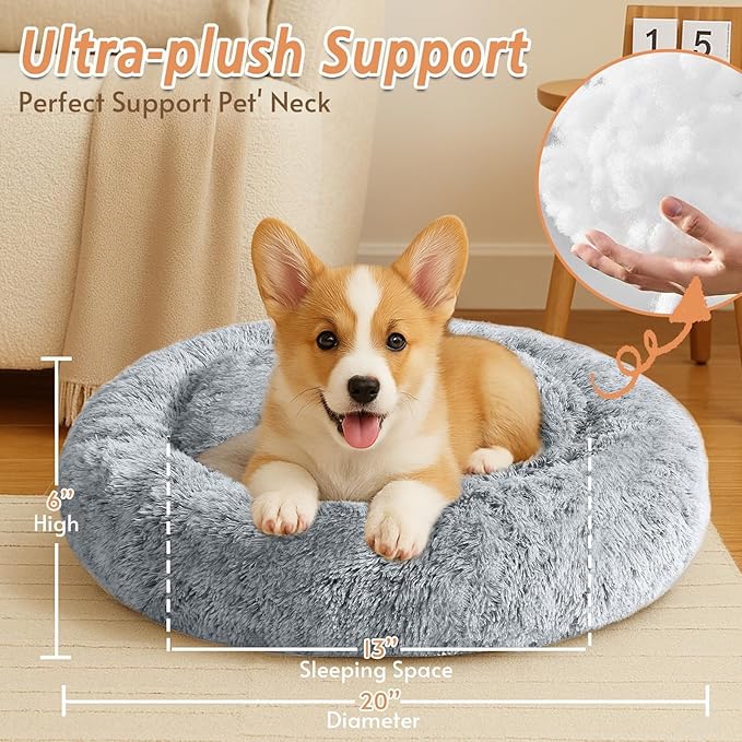 JOLLYVOGUE Small Dog & Cat Beds for Indoor Cats, Donut Cuddler Warming Soft Dog Beds with Anti-Slip Bottom, Round Calming Fluffy Plush Faux Fur Cushion Bed for Small Medium Dogs (20", Smoke Grey)