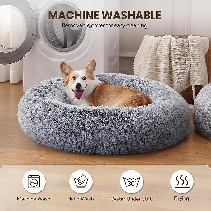 Calming Dog Bed - Donut Washable Large Size Round Pet Bed for Dogs and Cats, 36 inches Anti-Slip Fluffy Faux Fur Plush Cat Bed, Anti-Anxiety Cushion with Anti-Slip Bottom