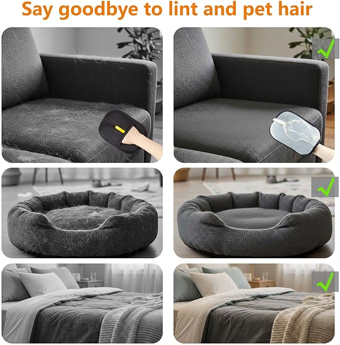 Newly Upgraded Pet Hair Removal Glove - Thickened Electrostatic Cat Dog Hair Remover Glove, Reusable for Couch, Carpet, and Car Seat (Black, 2 Pack)