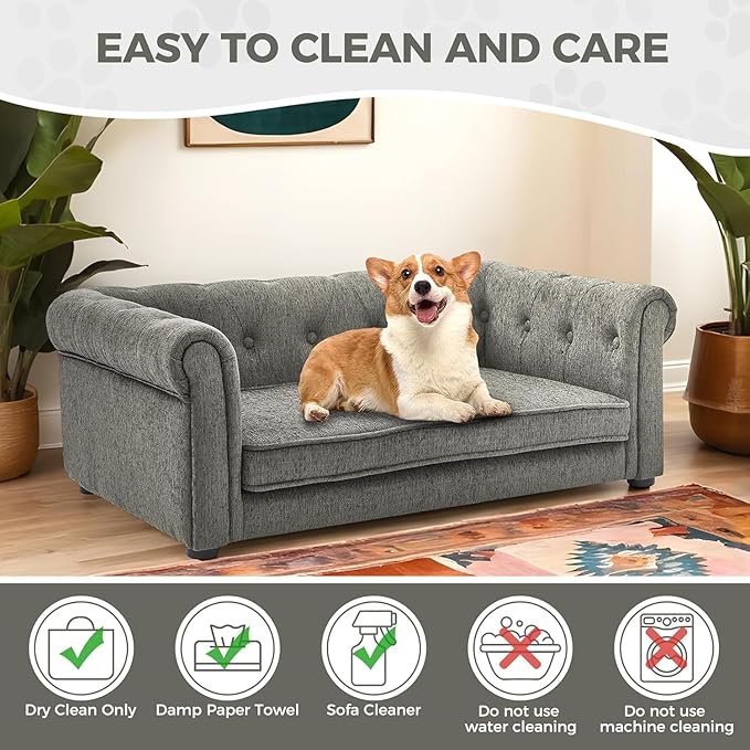 Dog Couch for Medium Dogs Up to 50 lbs, 29" W Memory Foam Dog Sofa Couch with Dry Cleanable Fabric, Elevated Dog Couch Bed with Legs, 39" Outer Edge Length, Furniture for Small and Medium Dogs - Grey