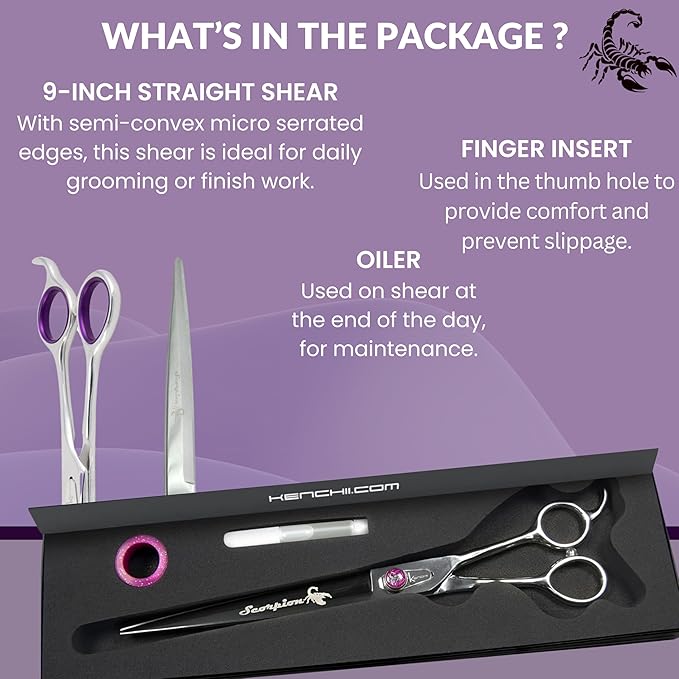 Kenchii Scorpion 9 Inch, Straight Grooming Scissors for Dogs and Pets - Premium Steel Scissors for Dog Grooming - Dog Shears Pet Grooming Accessories - Pet Hair Trimming Scissor