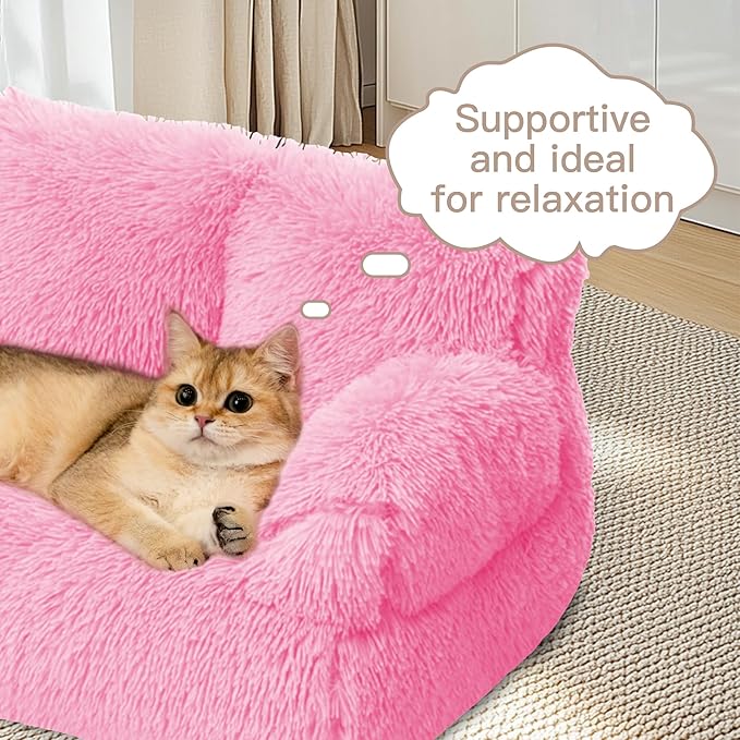 Cat Couch Bed for Indoor Cats, Calming Pet Sofa Puppy Sleeping Bed with Removable Washable Cover, Cute Dog Couch and Kitty Lounge Chair for 18lbs Cat & Small Dogs(Plush Pink)