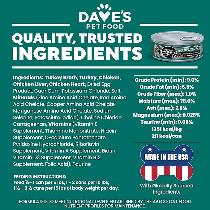 Dave's Pet Food Grain Free Wet Cat Food Gravy (Turkey & Giblets Dinner in Gravy), Made in USA Naturally Healthy Canned, Added Vitamins & Minerals, 5.5 oz Cans (24 Pack)