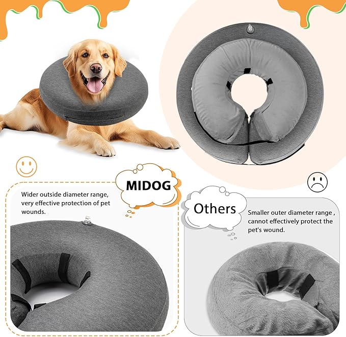 MIDOG Inflatable Dog Cone Alternative for After Surgery - Soft Protective Donut Collar Prevents Licking & Allows Eating, Comfortable Recovery E-Collar Alternative for Small Medium Large Dogs (Gray,L+)