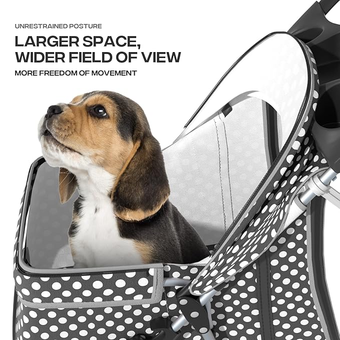 Cat Dog Stroller,3-Wheels Pet Stroller for Medium/Puppy Dogs 30 Lbs, Cat Strollers for 1 Cats, Foldable Dog Stroller with Storage Basket and Cup Holder, Breathable Mesh Black Polka Dots