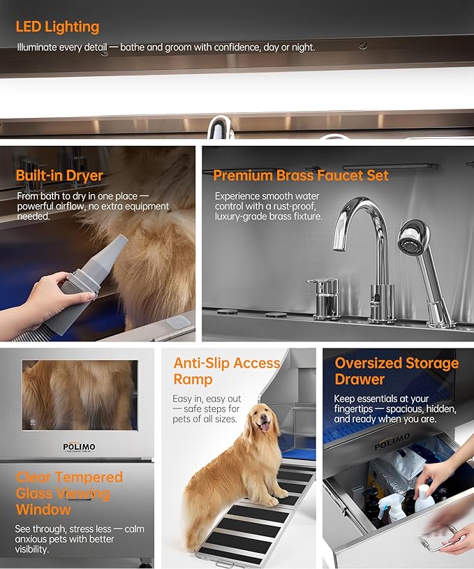 POLIMO Dog Wash Station with Pet Dryer & LED, Professional Dog Bathing Station for Large, Medium & Small Dogs – with Window, Ramp, Drawer, Floor Grate, LED Display & Faucet (Left RAMP & Dryer, 50")