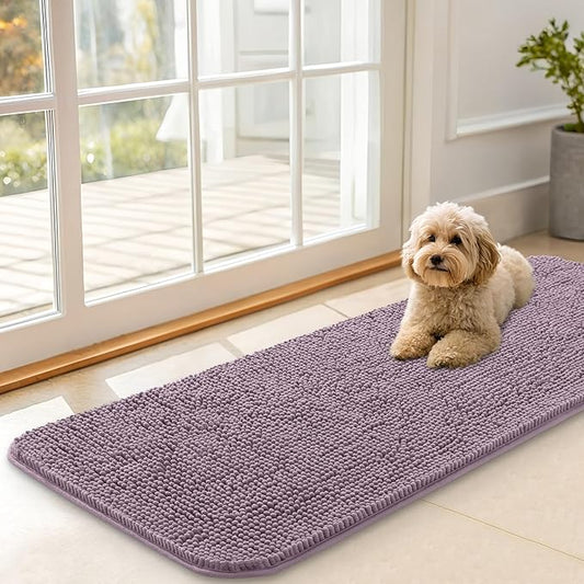 OLANLY Dog Door Mat for Muddy Paws 47x17, Absorbs Moisture and Dirt, Absorbent Non-Slip Washable Doormat, Quick Dry Chenille Mud Mat for Dogs, Entry Indoor Entryway Carpet for Inside Floor, Deep Plum