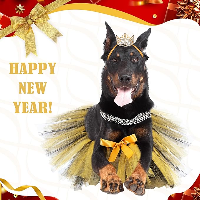 2 Pcs Dog Crown Headband Dog Tutu Dress Set Crystal Rhinestone Tiara Crown Tutu Skirt Pet Dress Costume for Puppy Birthday Party Wedding Photo Prop Costume(Black Gold,X-Large)