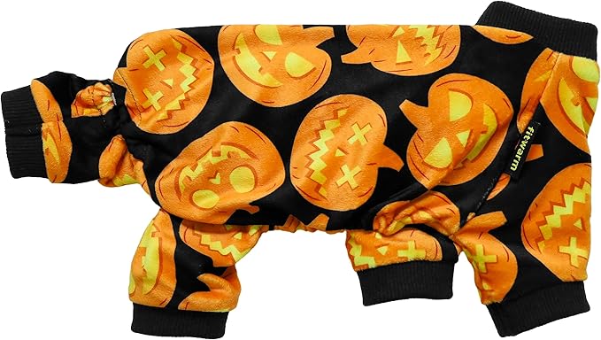 Fitwarm Halloween Pumpkin Dog Pajamas, Funny Dog Winter Clothes for Small Dogs Girl Boy, Pet Jumpsuit, Cat Halloween Costumes with Feet, Lightweight Velvet, Black, Orange, Medium