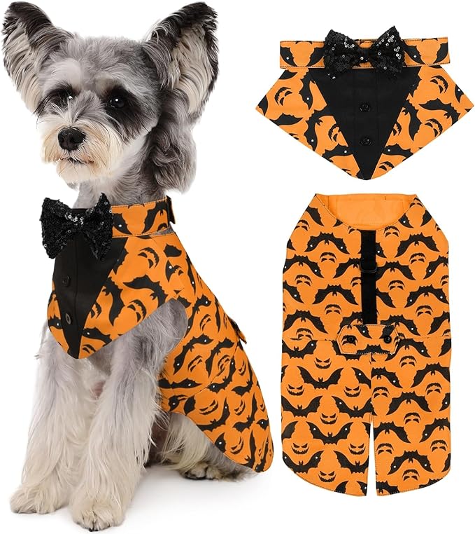 Kuoser Dog Tuxedo Suit and Bandana Set, Bat Pumpkin Print Dogs Halloween Outfit Adjustable Dog Halloween Costume with Bow Tie for Large Medium Small Dogs Golden Retriever Samo Bulldogs, Orange S
