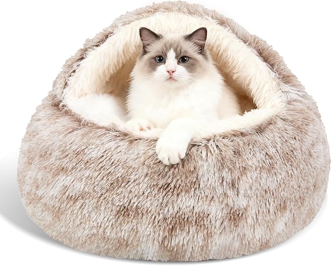 Calming Dog Beds & Cat Cave Bed with Hooded Cover,Removable Washable Round Beds for Small Medium Pets,Anti-Slip Faux Fur Fluffy Coved Bed for Improved Sleep,Fits up to 15/25 lbs (Small,20"x20")