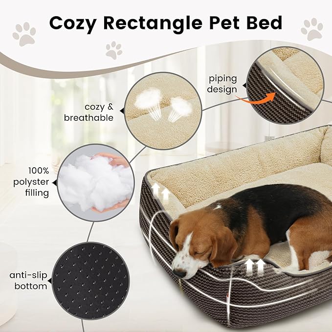Miguel Dog Bed with Removable Cushion/Pillow for Medium Small Dogs, Washable Pet Bed with Side Easy to Wash Puppy Bed, Large Rectangle Cat Bed for Indoor Cat with Anti-Slip Bottom, Brown 25 Inch