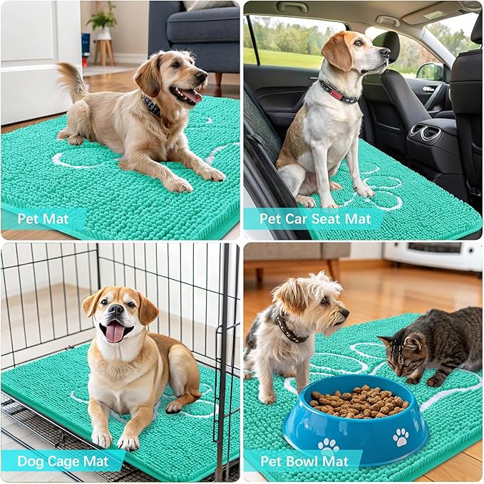 OLANLY Dog Door Mat for Muddy Paws 30x20, Paw Print Design, Absorbs Moisture and Dirt, Absorbent Non-Slip Washable Doormat, Quick Dry Chenille Mud Mat for Dogs, Entry Indoor Entryway Carpet, Teal