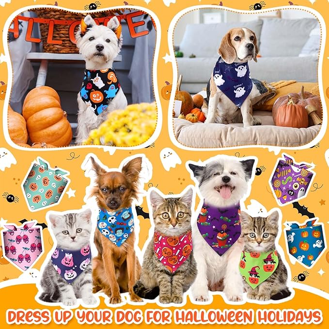 Geyoga 240 Pcs Halloween Dog Bandanas Bulk Thanksgiving Pet Bandanas Adjustable Fall Triangle Dog Grooming Scarf Bibs Kerchief for Small Medium Large Cats Pet Costume A(Halloween)