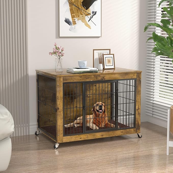 Dog Crate Furniture with Cushion,38" Wooden Dog Crate nightstand with Double Doors, Brown Kennel Indoor with Wheels, Decorative Pet House for Small Medium