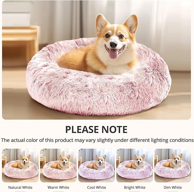 JOLLYVOGUE Calming Dog & Cat Bed for Small Dogs, Anti-Anxiety Donut Cuddler Cozy Soft Round Bed with Anti-Slip Bottom, Fluffy Faux Fur Plush Cushion Beds for Small Medium Dogs, 23"/Smoke Pink