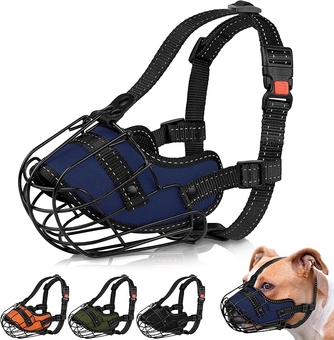 OOPSDOGGY Pitbull Dog Muzzle - Reflective Metal Mask with Wire Basket for Large Dogs - Soft Cage Muzzle to Prevent Biting & Chewing - Adjustable Nylon Straps (Blue)